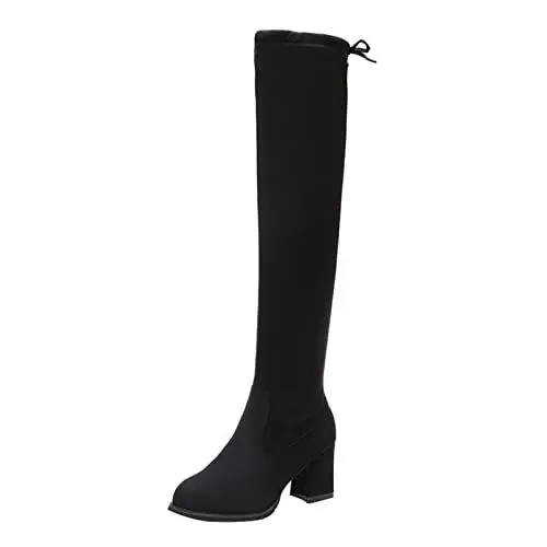 Produktbild: MMOOVV Damen Stiefel Overknee High Heels Absatz Wadenhohe kniehohe Stiefel Winter lange warme Schuhe Retro-Stiefel Ferse Flock Chunky Für Damen Damenstiefel (Black, 38)