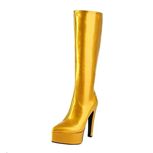 Produktbild: MMOOVV Damenstiefel in Gelb, Overknee Elegante Lacklederstiefel, wasserdicht kniehohe Stiefel, spitze Zehenpartie, Stilettoabsatz (Yellow, 42)
