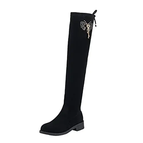 Produktbild: MMOOVV Elegante Damen Kniehohe Stiefel mit Schleifen-Detail und Komfortablem Absatz, Ideal für Abendgarderobe (Black, 37)
