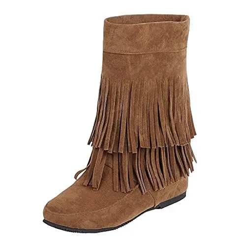 Produktbild: MMOOVV Fransen Stiefel Frauen Mode erhöhte Ebene Boden Keile kurze Stiefel Wildlederstiefel Strick (Yellow, 39)