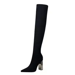 Produktbild: MMOOVV Gestrickte Overknee-Stretch-Stiefel Stilvolle einfarbig mit dickem Absatz und hohem Absatz (Black, 37)