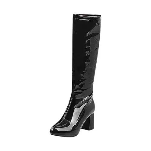 Produktbild: MMOOVV Mehrfarbige kniehohe Damenstiefel aus PU Stilvolle und hübsche Damen-Stiefel aus mit dicker Zehenpartie, bequem, nicht scheuernd Schuhe Damen Winter Gefüttert (Black, 37)