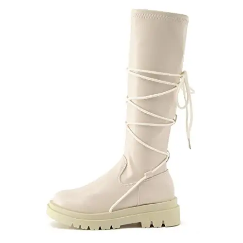 Produktbild: Overknee-Stiefel, Schnürstiefel mit dicken Sohlen britische Damen-Stiefel aus massivem mit Schnürung und seitlichem Reißverschluss und modischer Plateausohle Braune (White, 38)