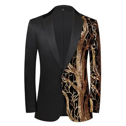Produktbild: MMOOVV Slim Fit Sakko Anzugjacke Freizeit EIN-Knopf Pailletten Glitter Anzug Jacke Karneval Kostüm für Hochzeit Party Festlich, Herren Slim Fit Sakko Anzugjacke Anzug für Hochzeit Party (Gold, L)