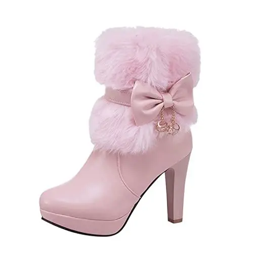 Produktbild: MMOOVV Trendige Plateau-Stiefeletten für Damen mit Hohem Absatz und Schleifendetail, Erhältlich in Farben (Pink, 38)