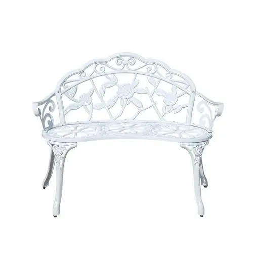 Produktbild: MMOU Gartenbank Metall Parkbank Wetterfest Sitzbank Mit Rückenlehne Armlehne Eisenbank Ruhebank Retro-Stil Gartenmöbel Stahl Gusseisen Bank Für Garten Park Balkon, Weiß