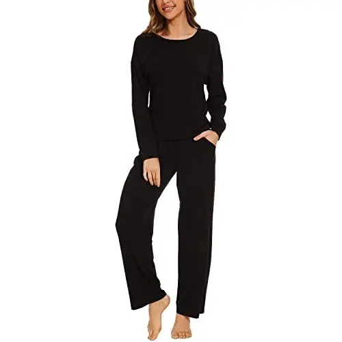 Produktbild: Mnamo Damen Schlafanzug Weich Gestricktes Pyjama Set Schwarz 2 Stück Gemütliche Nachtwäsche Baumwolle und Modal Atmungsaktives Gewebe 2XL