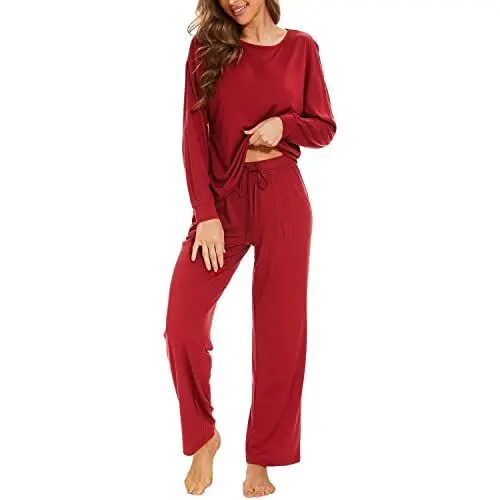 Produktbild: Mnamo Damen Schlafanzug Weich Gestricktes Pyjama Set Weinrot 2 Stück Gemütliche Nachtwäsche Baumwolle und Modal Atmungsaktives Gewebe 2XL