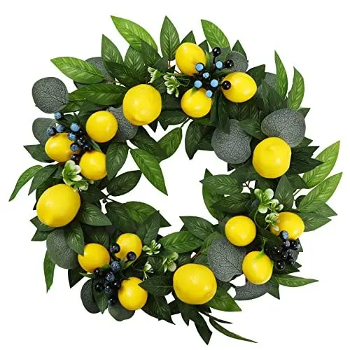 Produktbild: Mnaocz Künstlicher Zitronenkranz für die Haustür, Frühlings-Zitronen-Eukalyptus-Kranz, Künstlicher Sturz-Blumenkranz, Dekoration, Hängende Zitronen-Wanddekoration(#1)