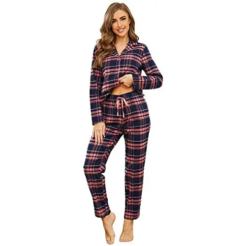 Produktbild: Mnemo Home Damen Schlafanzug Lang Flanell Pyjama Damen 100% Baumwolle aus Flanell Blaues Pulver mit Golddraht, 2XL