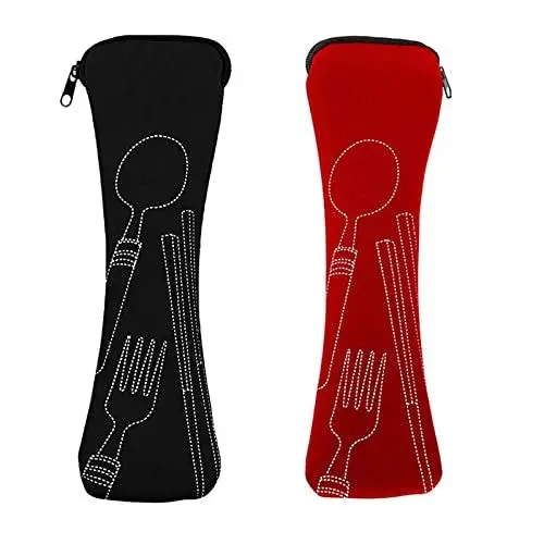 Produktbild: Mnsconkl Bestecktasche,Bestecktasche für Unterwegs 2 Stück Tragbare Neopren Bestecktaschen Leer mit Reißverschluss Besteck Camping Geschirr Schule Besteck to go Taschen Schwarz Rot