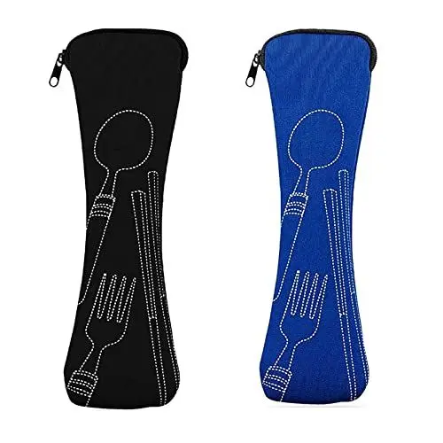 Produktbild: Mnsconkl Bestecktasche,Bestecktasche für Unterwegs 2 Stück Tragbare Neopren Bestecktaschen Leer mit Reißverschluss Besteck Camping Geschirr Waschbar Schule Picknick Besteck to go Schwarz Blau