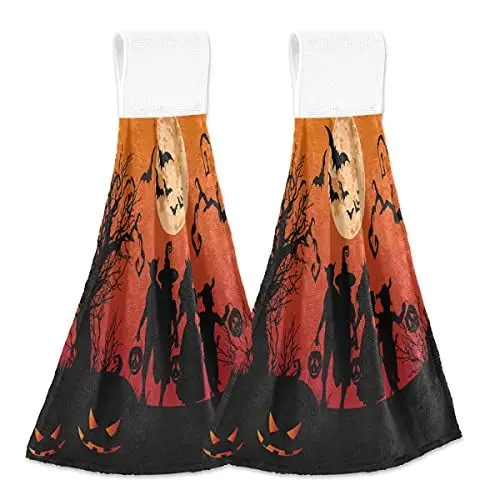Produktbild: Mnsruu Halloween Mond Fledermaus Schloss Baum Kürbis Küche Handtuch Home Decor Hängetücher 2 Stück weich saugfähig Tuch Krawatte Handtücher für Badezimmer Waschküche 46,2 x 35,5 cm