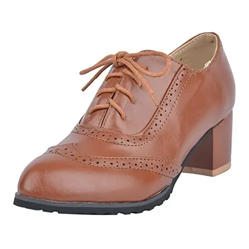Produktbild: Mo Joc Damen Trendige Schnürsenkel Spitze Toe Brogue Pumps mit Blockabsatz (Brown, 39 EU)