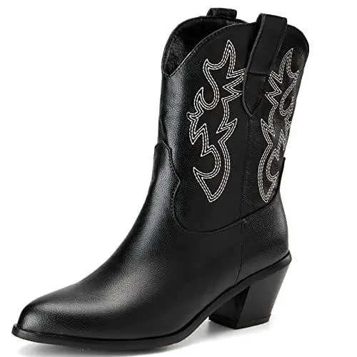 Produktbild: Mo Joc Fashion Damen Kurze Schaft/Knöchel/Mitte Wade Cowboystiefel Cowgirl Stiefel mit Block-Absätze und Spitze Zehe Western Stiefel (Schwarz, 44)