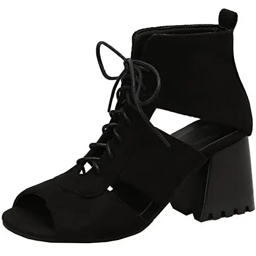 Produktbild: Mo Joc Modische Sommer-Schnürsandalen mit Peep Toe und Chunky Heels für Damen (Schwarz, 46)