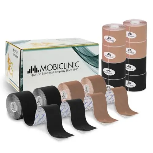 Produktbild: Mobiclinic®, 2er Pack Kinesiotape, Mobitape, 5 x 5 cm, Kinesiologische Therapie, Sport, Muskelstraffend, Hypoallergen, Atmungsaktiv, Wasserdicht, Bunt, Schwarz und Beige
