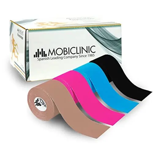 Produktbild: Mobiclinic®, 4er Pack Kinesiotape, Mobitape, 5cm x 5m, Kinesiologische Therapie, Tape Sport, Muskelstraffend, Hypoallergen, Atmungsaktiv, Wasserdicht, Bunt, Blau, Pink, Schwarz und Beige