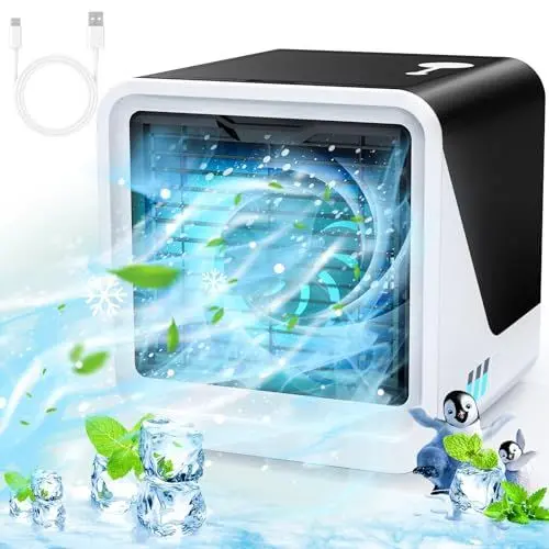 Produktbild: Klimaanlage Mobil 3 IN 1 Type-C Ventilator Leise, 500 ml Wassertank 3 Geschwindigkeiten 7 Farben Nachtlicht, Mini klimagerät ohne Abluftschlauch mit Griff, Luftkühler Geeignet für Schlafzimmer Büro
