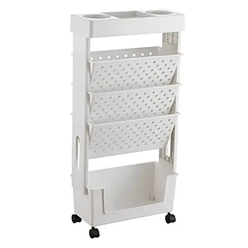 Produktbild: Naroote Beweglicher Bücherregalwagen mit Rädern, Bücherregal-Organizer, 5-stufiger Rollwagen aus Kunststoff Griff, Multifunktionaler Aufbewahrungswagen für Büro, Küche (Weiss), (Narootermv4728oey-13)