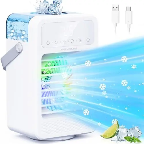 Produktbild: Mobiles Klimagerät Mini Klimaanlage Mobil Luftkühler Leise Ventilator mit Wasserkühlung - Natural Wind & 2 Nebelwind Modi, 5 Geschwindigkeiten, 1-8H Timer, Bunte Lichter, 90° Oszillation Funktion