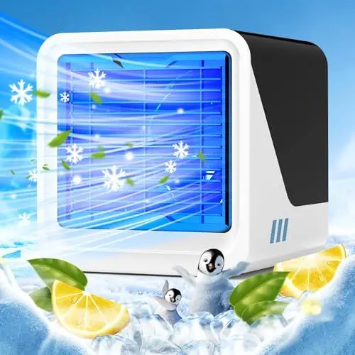 Produktbild: Mobiles Klimagerät Ohne Abluftschlauch, Mobile Klimaanlage 3 Drehzahlen 7 Farblichter USB-Ladung Geräuscharmes, Mobile Klimageräte Luftkühler mit Wasserkühlung für Zuhause Büros Räumen Auto