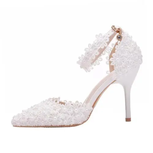 Produktbild: MOBUTOFU 1 Paar EIN-Wort-Hochzeitsschuhe Damen Sandalen Mit Absatz Braut High Heels Spitze Schuhe Mit Spitzen Zehen Modesandalen Spitz Zulaufende Absätze Frauenkleid Innen: Kunstleder Weiß