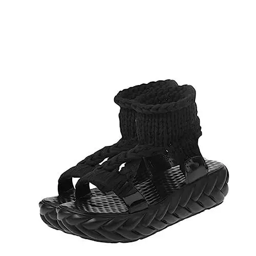 Produktbild: MOBUTOFU 1 Paar gestrickte Wollsandalen Sommer Hausschuhe Zehentrenner im Sommer Peeptoe-Sandalen Sandalen aus Wolle Sandalen stricken Frauen Sommersandalen Frauen stricken Sandalen Black