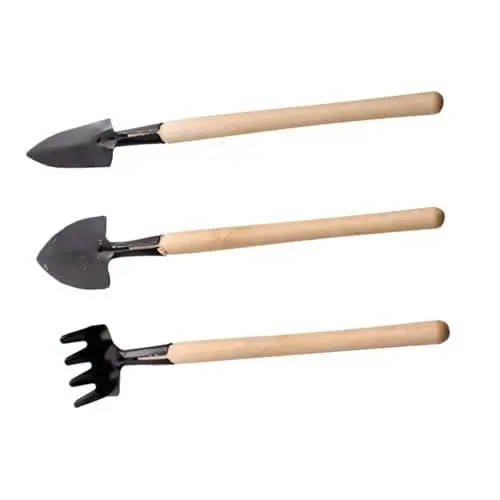 Produktbild: MOBUTOFU 3 Teilige Mini Gartenwerkzeuge Set Mit Holzgriffen Multifunktionale Pflanzkelle Schaufel Und Rechen Für Gartenarbeiten Ideal Für Balkon Und Zuhause