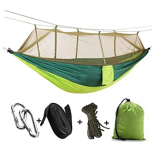 Produktbild: MOBUTOFU Tragbare Camping Hängematte 260 x 140 cm Mit Moskitonetz Leichte Fallschirmstoff Hängematte Fruchtgrün Und Dunkelgrün Für Outdoor Aktivitäten Ideal Für Reisen Und Entspannung