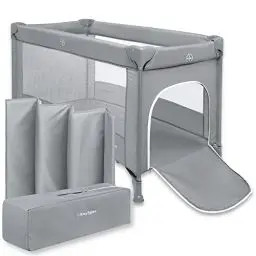 Produktbild: Moby-System Babybetten für Babys und Kinder ab Geburt bis 15 kg, 128 x 68 cm, Leicht, Kompakt Faltbar, Inkl. Trage Tasche, Reisebett Baby Laufstall, Kinderbett, Praktisches Zubehör, Grau