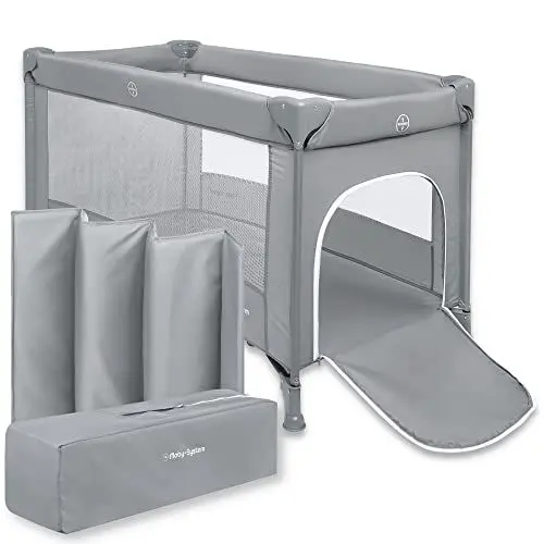 Produktbild: Moby-System Babybetten für Babys und Kinder ab Geburt bis 15 kg, 128 x 68 cm, Leicht, Kompakt Faltbar, Inkl. Trage Tasche, Reisebett Baby Laufstall, Kinderbett, Praktisches Zubehör, Grau