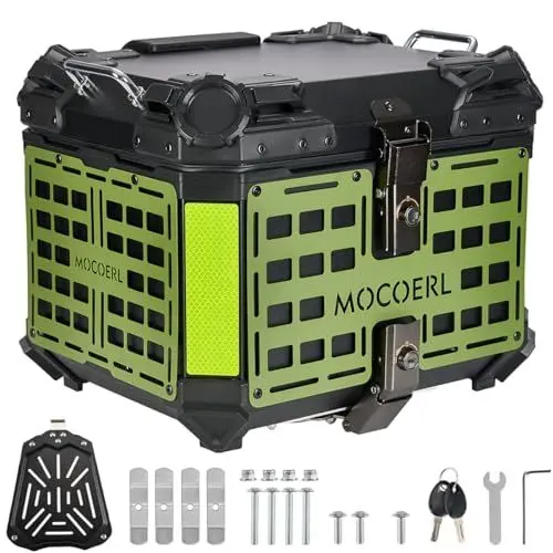 Produktbild: MOCOERL Motorrad-Topcase, 45 l wasserdichtes Topcase für Helm und Gepäck mit Sicherheitsschloss, Bodenplatte und grüner Panzerung zum Aufhängen von Gegenständen