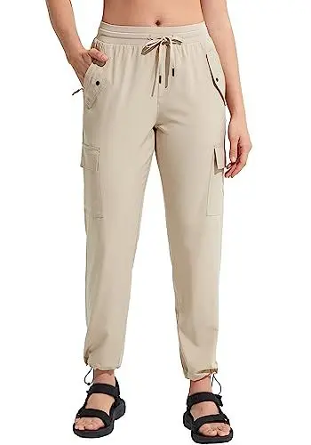 Produktbild: MOCOLY Damen Leichte Wanderhose Wasserdicht Trekkinghose Outdoor Cargo Länge Hose Kletterhose Outdoorhose mit Gummibund und Reißverschlusstaschen Khaki XL