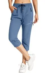Produktbild: MOCOLY Damen Wanderhose Wasserdicht Elastische Outdoorhose Caprihose Trekkinghose 3/4 Lange Cargohose Kurz Sommer Wander Hose Freizeithose UPF 50 mit Reißverschlusstasche