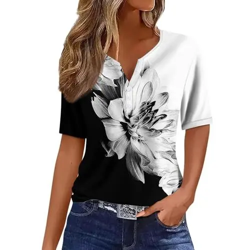 Produktbild: Mode Baumwoll Tshirt Damen Pulli Kurzarmshirt Shirt Baumwolle T mit Spitze Damenblusen Grau L