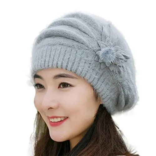 Produktbild: Mode Frauen Blumenstrick häkeln Hut Winter warm Kappe Beret Gestrickte Baskenmütze (Grey, One Size)