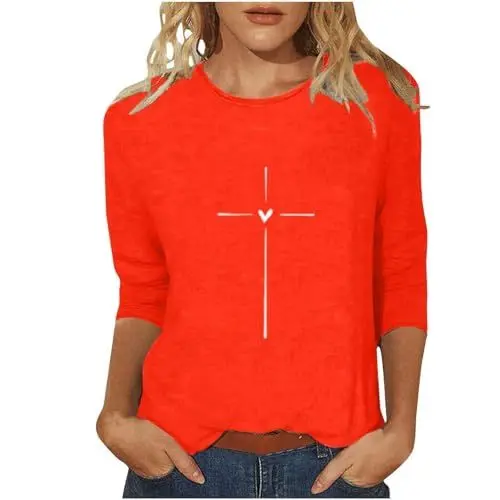 Produktbild: Mode Mollige Damen Shirt for Women Love Heart Print 3/4 Sleeve Tops Cotton Crewneck Pullover Blouse Tshirt Latzhose Kurz (Orange, M)