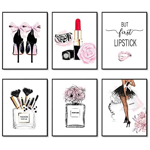 Produktbild: Mode Wand Kunstdrucke Rosa Raumdekor Wanddekoration Leinwand Kunst Poster Lippenstift Bilden Wand Dekor Kunstwerk Mädchen Schlafzimmer Zimmer Bilder 8x10 Zoll (20.3x25.4cm) Ungerahmt