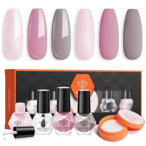 Produktbild: MODELONES Nagellack, 3 Farben Nude Grau Nagellack Schnelltrocknend Set, Base Coat und Remover Cotton Neutral Skin Tone für DIY Salon Geschenk für Frauen Mädchen