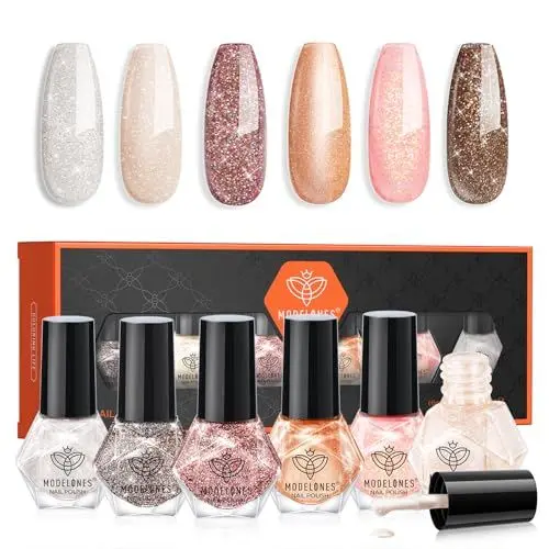Produktbild: MODELONES Nagellack 6 PCS, Schnelltrocknend Glitzer Braun Gold Rosa, Weihnachten Ungiftig Auf Wasserbasis, Langanhaltend für DIY Salon Geschenk für Maniküre