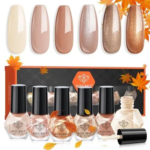 Produktbild: MODELONES Nagellack 6 PCS, Nagellack Schnelltrocknend Herbst Braun Nude Schokoliert Glitzer, Nagellack Ungiftig Auf Wasserbasis, Langanhaltender Nagellack für DIY Salon Herbst Cadeau pour Les Femmes
