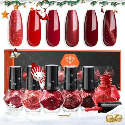 Produktbild: MODELONES Nagellack 6 PCS, Schnelltrocknend Rot Glitzer 6 Farben, Ungiftig Auf Wasserbasis, Langanhaltend für DIY Salon Geschenk für Frauen Mädchen Maniküre