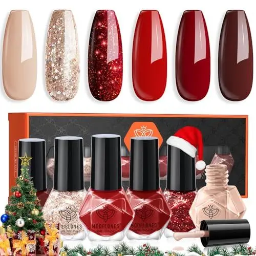 Produktbild: MODELONES Nagellack 6 PCS, Nagellack Schnelltrocknend Rot Nude Glitzer 6 Farben, Nagellack Ungiftig Auf Wasserbasis, Langanhaltender Nagellack für DIY Salon Geschenk für Frauen Mädchen Maniküre Salon