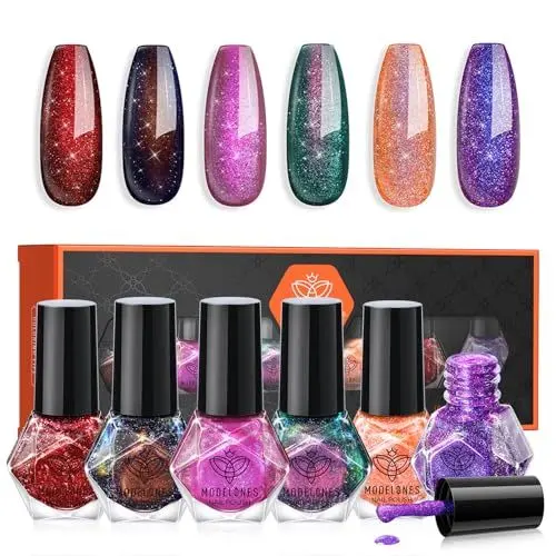 Produktbild: MODELONES Nagellack 6 PCS, Schnelltrocknend Rot Schwarz Grün Orange Pink Glitter, Ungiftig Auf Wasserbasis, Langanhaltend für DIY Salon Geschenk für Maniküre