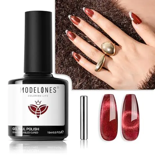 Produktbild: MODELONES UV Nagellack Cat Eye 15 ML, Rot Gellack mit Magnet, Rot Cat Eye Uv Gel, Glitter Nail Polish Silver Off Reflective Translucent Gel Magnetic Nagellack für Frauen und Mädchen