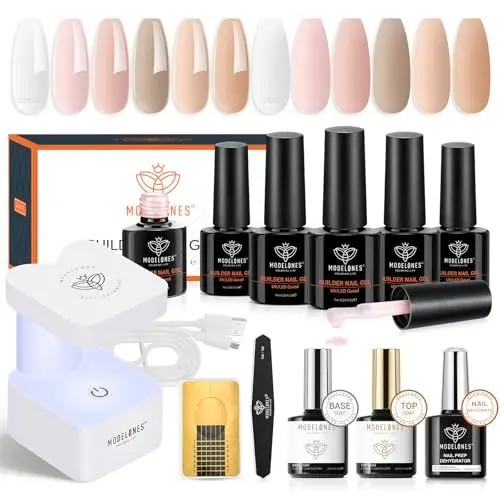Produktbild: Modelones Aufbaugel für Gelnägel, 8 in One Builder Gel für Nägel, Nude Rosa Farben Builder Gel Set mit Lampe, Top und Base Coat, UV Harder Nagelverlängerung Gel für Nail Art, Gel Nägel Selber Machen