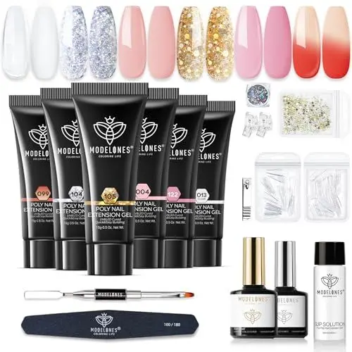 Produktbild: Modelones Polygel Glitzer Farben Set Klar Nude Polygel Starter Set ohne UV Lampe mit Base Top Coat Slip Solution Poly Nägel Quick Nagelverlängerung Acrylnägel Maniküre fur Nageldesign DIY zu Home