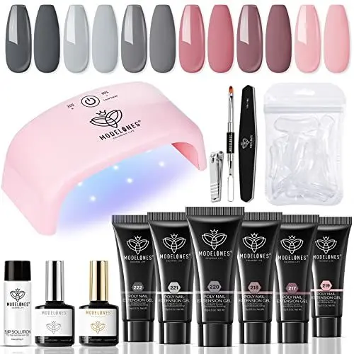 Produktbild: Modelones Polygel Set Poly Gel Nägel Rosa Rot Grau 6 Farben Starter Set Komplett mit UV Lamp 20W und Slip Solution Base Top Coat Acrylnägel für Quick Extension Nagelverlängerung Selber Machen