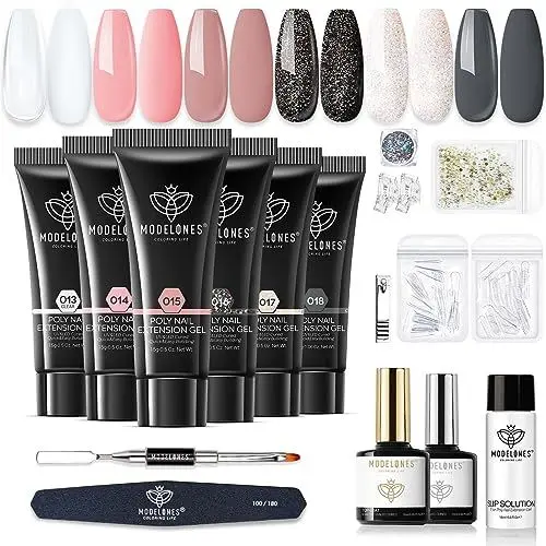 Produktbild: Modelones Polygel Starter Set, 6 Farben Glitzer Schwärze Klar Nude Polygel Set mit Base Top Coat Slip Solution Poly Nägel Quick Extension Builder Gel Maniküre Set fur gel nägel selber Machen
